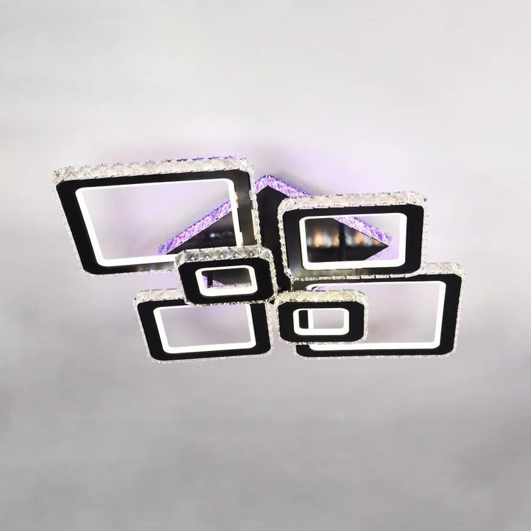 Lustra LED cu telecomanda si cristal TERRANO RGB 288W, 6 Patrate, lumina Rece/Calda/Neutra, Dimabila, Negru