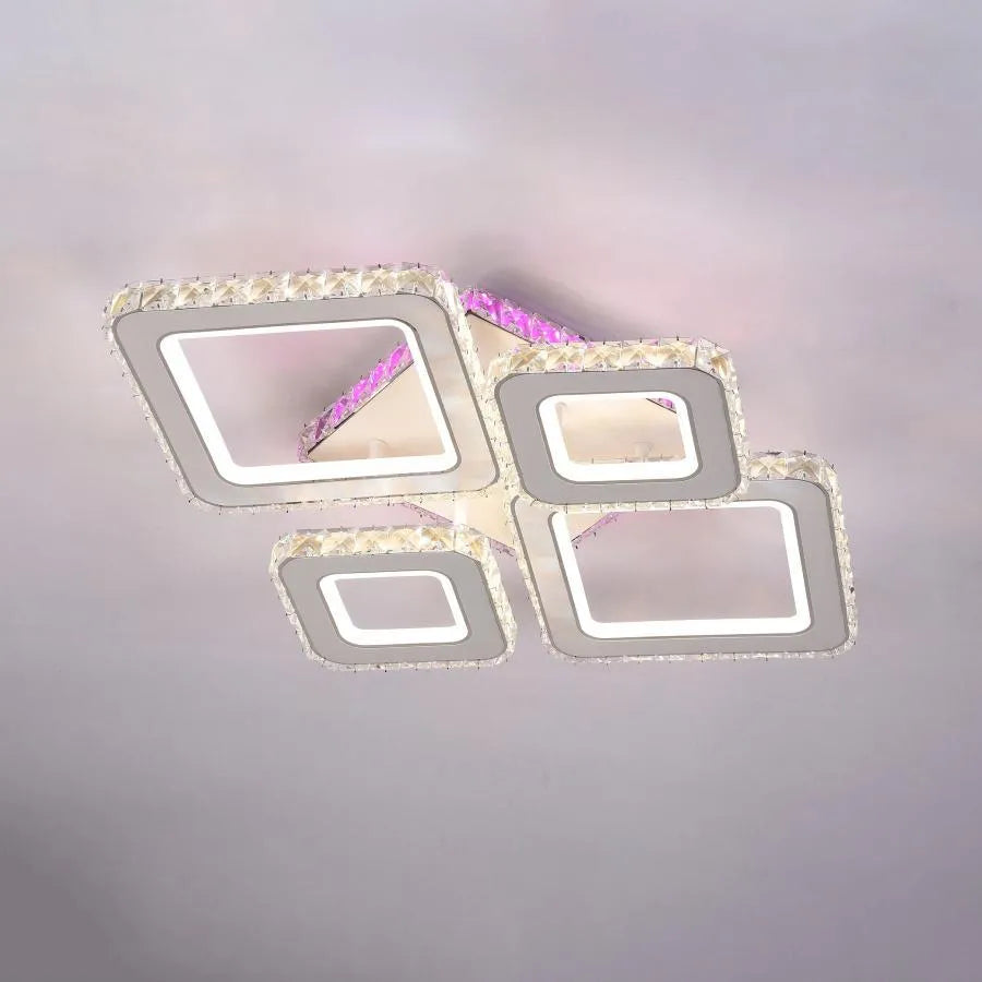 Lustra LED cu telecomanda si cristal TERRANO RGB 162W, 4 Patrate, lumina Rece/Calda/Neutra, Dimabila, Alb Crom Lucios