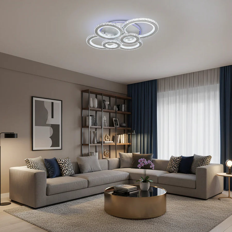 Lustra LED cu telecomanda si cristal NOVA ROTONDA RGB 145W, 6 Cercuri, lumina Rece/Calda/Neutra, Dimabila, Alb