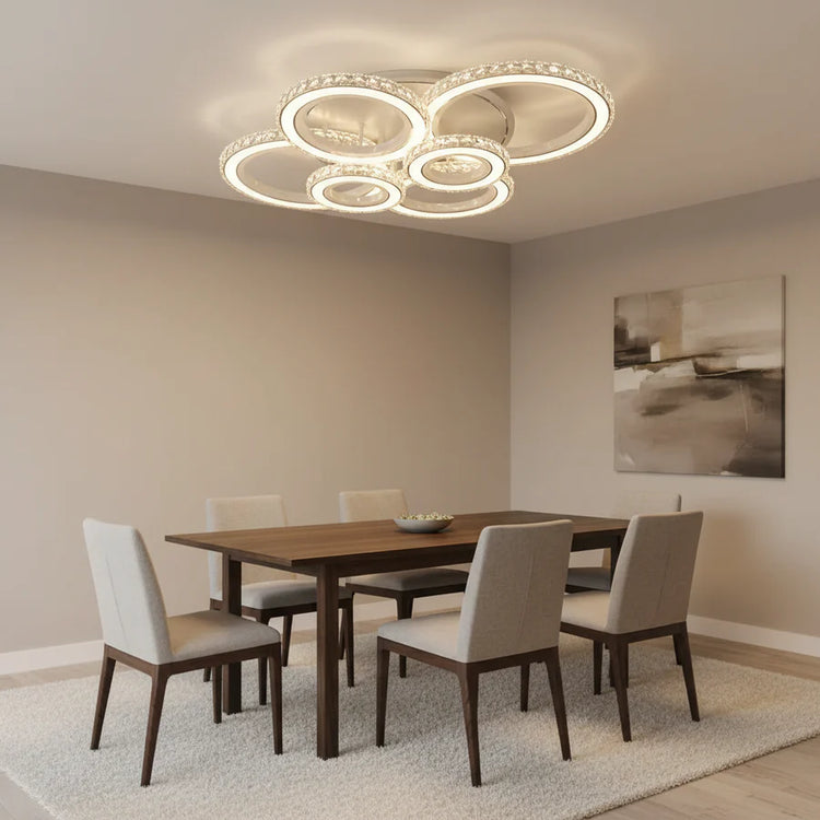 Lustra LED cu telecomanda si cristal NOVA ROTONDA RGB 145W, 6 Cercuri, lumina Rece/Calda/Neutra, Dimabila, Alb