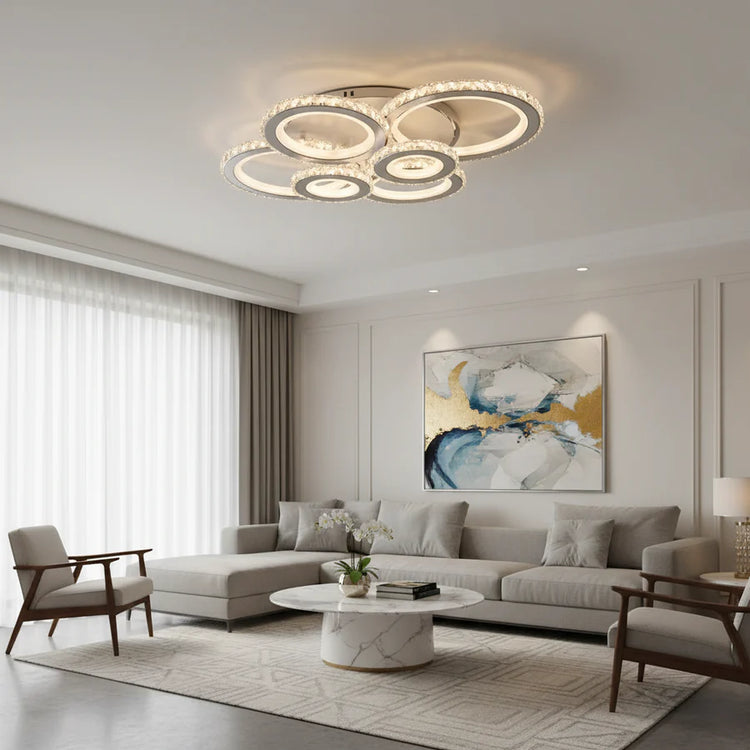 Lustra LED cu telecomanda si cristal NOVA ROTONDA RGB 145W, 6 Cercuri, lumina Rece/Calda/Neutra, Dimabila, Alb
