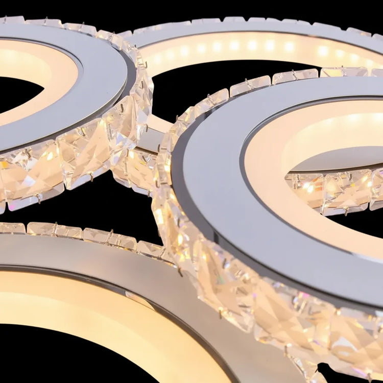 Lustra LED cu telecomanda si cristal NOVA ROTONDA RGB 82W, 4 Cercuri, lumina Rece/Calda/Neutra, Dimabila, Crom