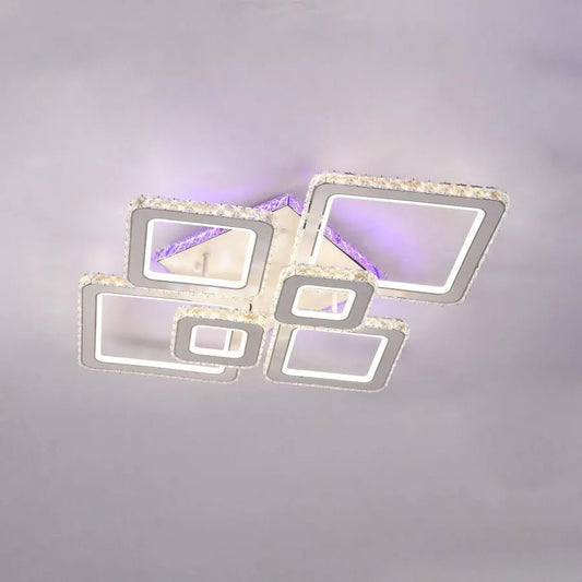 Lustra LED cu telecomanda si cristal TERRANO RGB 288W, 6 Patrate, lumina Rece/Calda/Neutra, Dimabila, Alb Crom Lucios