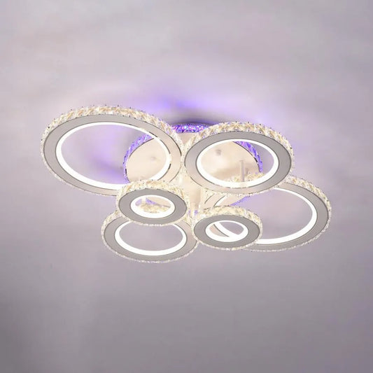 Lustra LED cu telecomanda si cristal ZAFINA RGB 238W, 6 Cercuri, lumina Rece/Calda/Neutra, Dimabila, Alb