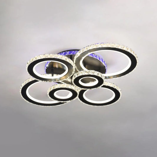 Lustra LED cu telecomanda si cristal NOVA ROTONDA RGB 145W, 6 Cercuri, lumina Rece/Calda/Neutra, Dimabila, Negru