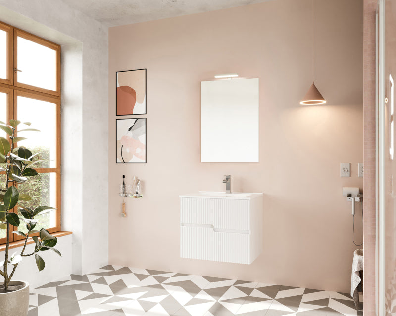 Masca baie + lavoar + oglinda + lampa Savini Rio 60, cu sertare, alb lucios, 61.5 x 53 x 46.5 cm