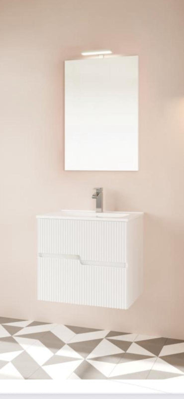 Masca baie + lavoar + oglinda + lampa Savini Rio 60, cu sertare, alb lucios, 61.5 x 53 x 46.5 cm