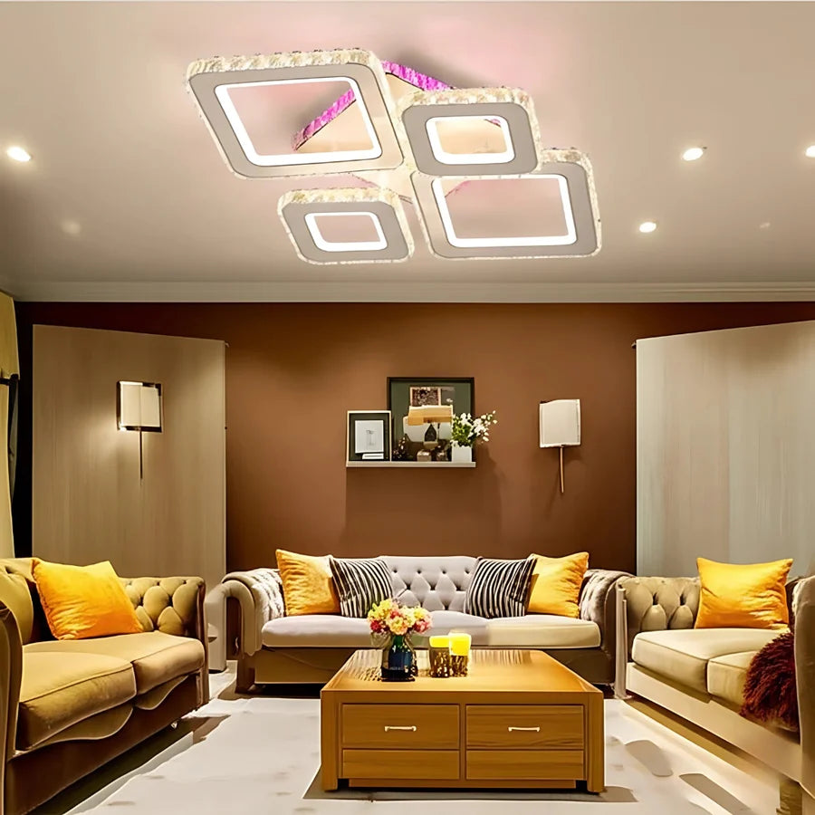 Lustra LED cu telecomanda si cristal TERRANO RGB 162W, 4 Patrate, lumina Rece/Calda/Neutra, Dimabila, Alb Crom Lucios