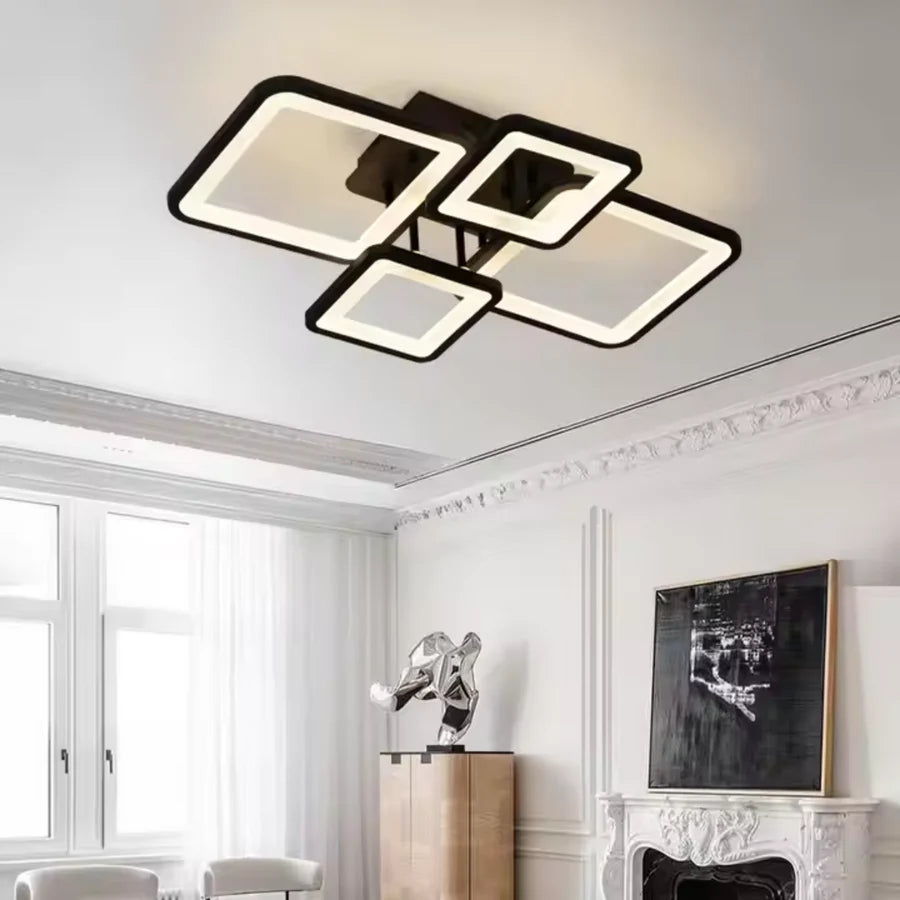 Lustra LED cu telecomanda ELLA 67W, 4 Patrate, lumina Rece/Calda/Neutra, Dimabila, Negru
