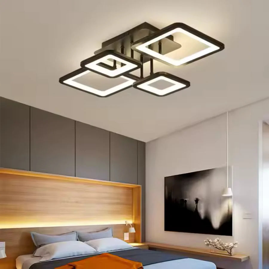 Lustra LED cu telecomanda ELLA 67W, 4 Patrate, lumina Rece/Calda/Neutra, Dimabila, Negru