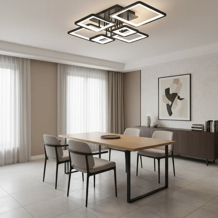 Lustra LED cu telecomanda ELLA 120W, 6 Patrate, lumina Rece/Calda/Neutra, Dimabila, Negru, Metal si Acril