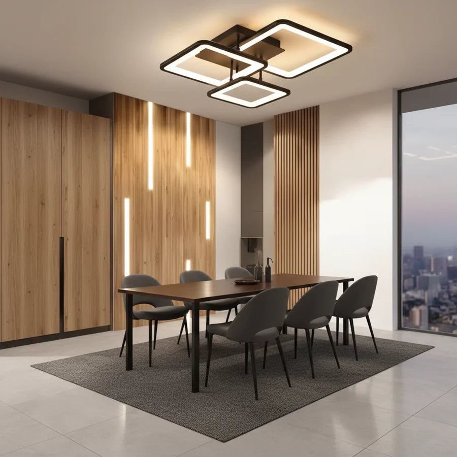 Lustra LED cu telecomanda ZOE 60W, 3 Patrate, lumina Rece/Calda/Neutra, Dimabila, Negru