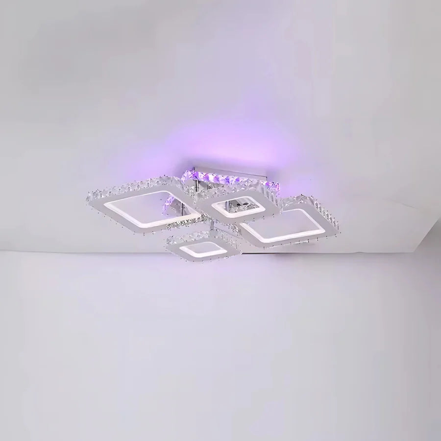 Lustra LED cu telecomanda si cristal NOVA RHOMBA RGB 60W, 4 Patrate, lumina Rece/Calda/Neutra, Dimabila, Crom Lucios