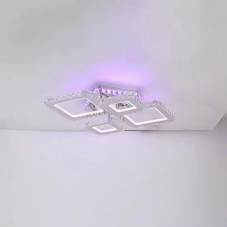 Lustra LED cu telecomanda si cristal NOVA RHOMBA RGB 60W, 4 Patrate, lumina Rece/Calda/Neutra, Dimabila, Crom Lucios