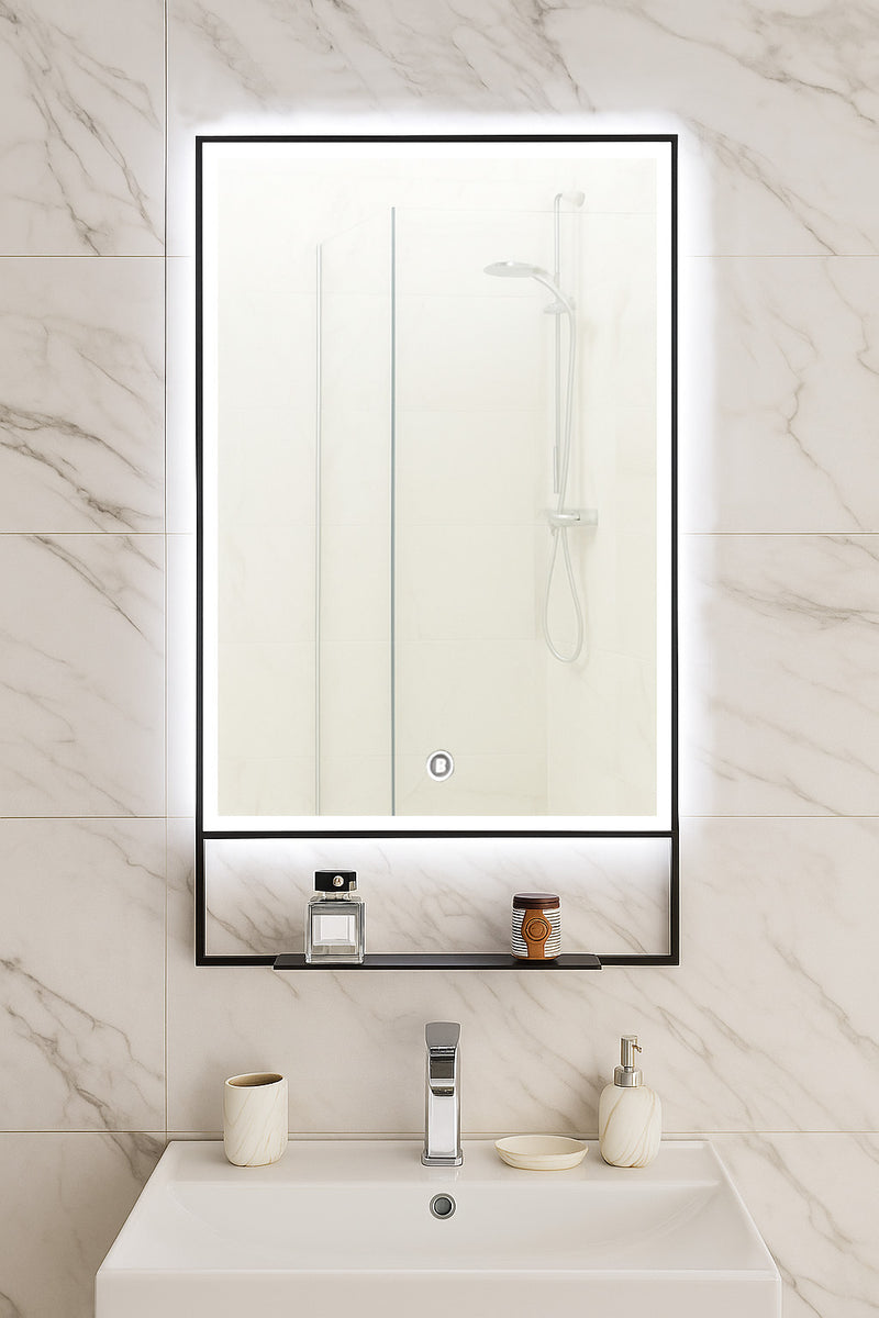 Oglindă cu iluminare LED și întrerupător touch, MD6, 60x95cm, ramă neagră și poliță-1