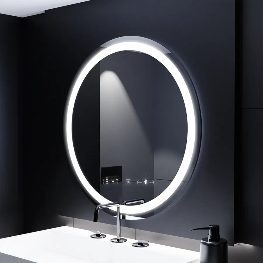 Oglinda LED Rotunda, 70cm, Celeste MotionGlow Marcello, Sistem Dezaburire, Ceas & Termometru, Dimabila