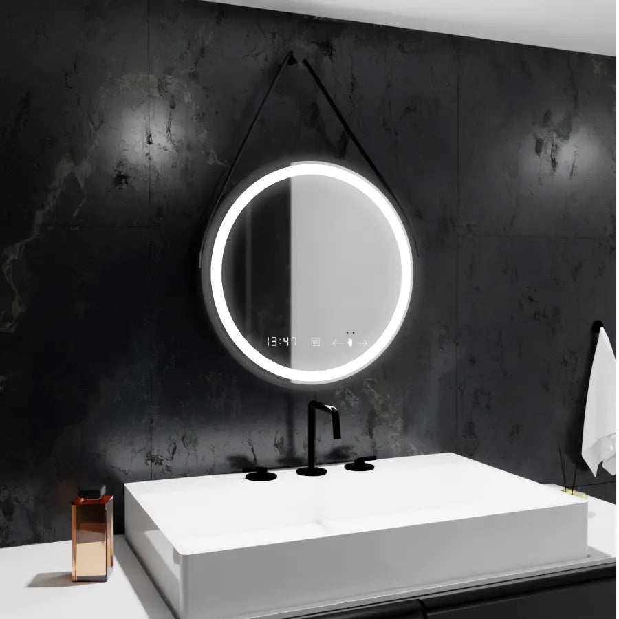 Oglinda LED Senzor MotionGlow Colt Rotunda Diametru 60 cm Lumina Rece/Calda/Neutra Dimabila Sistem Dezaburire Termometru si Ceas Rama Negru Periat cu Curea Piele Ecologica D009