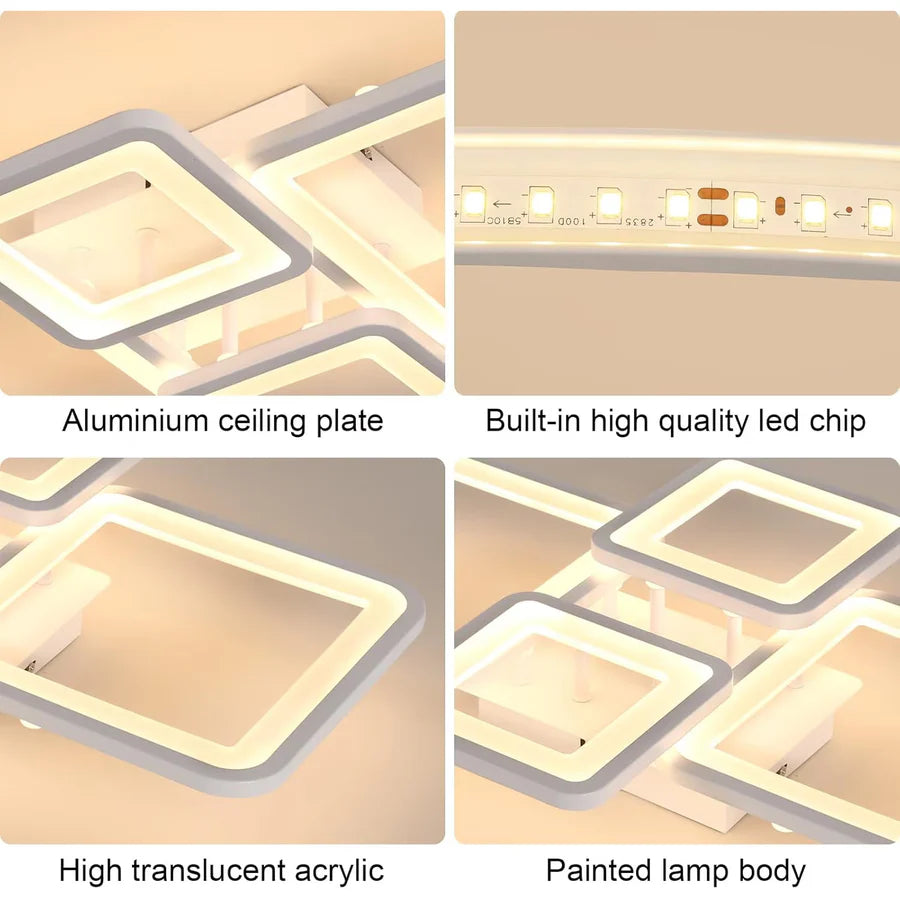 Lustra LED cu telecomanda ELLA 67W, 4 Patrate, lumina Rece/Calda/Neutra, Dimabila, Alb