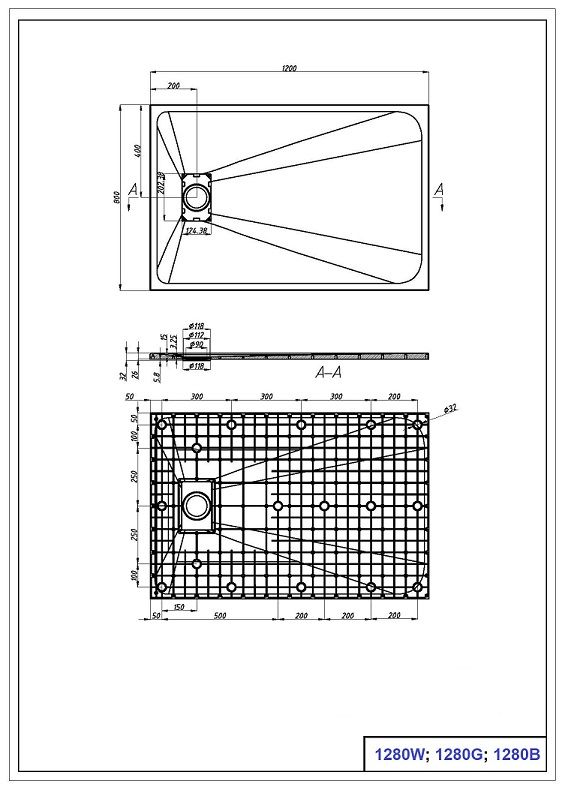 Cadita de dus din SMC, dreptunghiulara, decupabila, 80x120cm - Gri