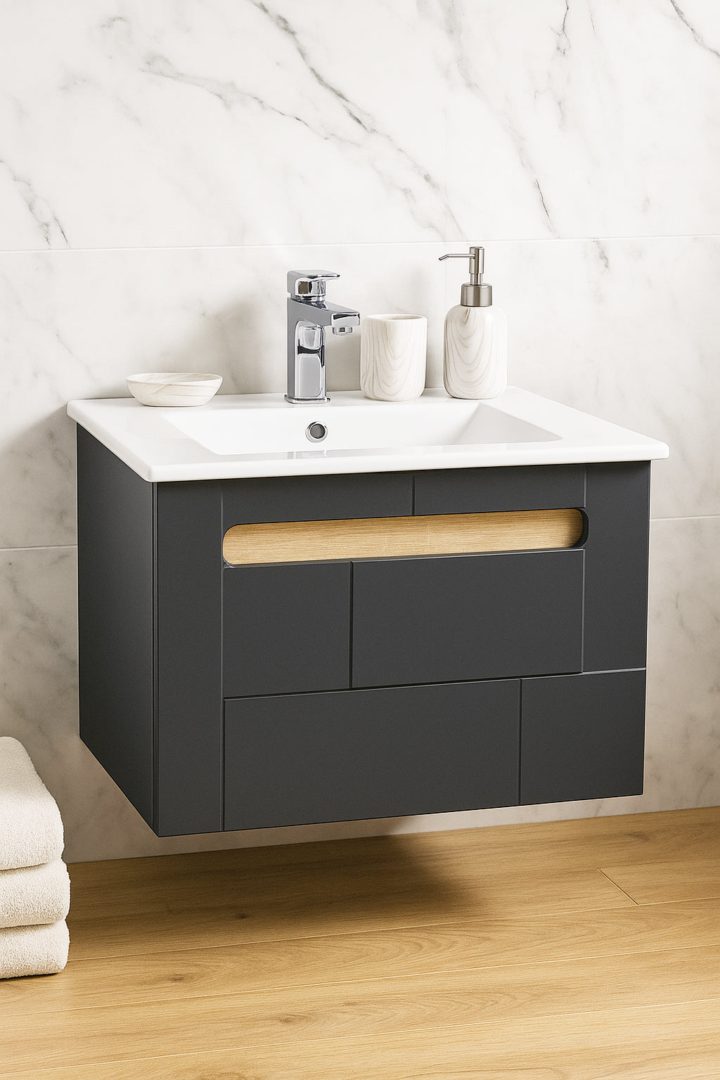 Mobilier Baie MDF și lavoar, Seria 032, Sertare, 60cm, Antracit-Sonoma