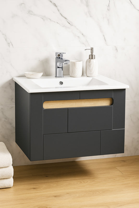 Mobilier Baie MDF și lavoar, Seria 032, Sertare, 60cm, Antracit-Sonoma