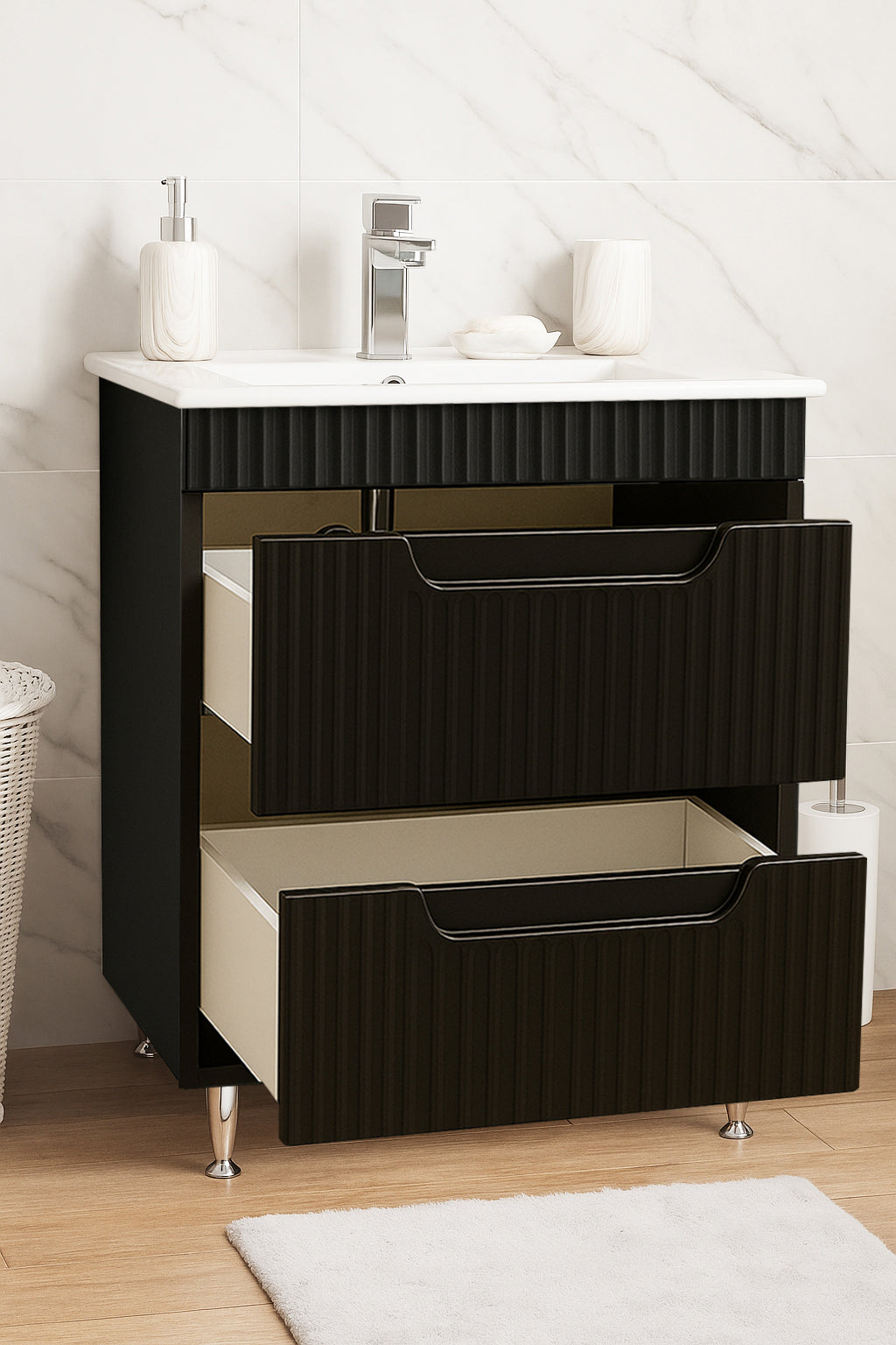 Mobilier Baie MDF și lavoar, Seria 033, Sertare, 60cm, Negru