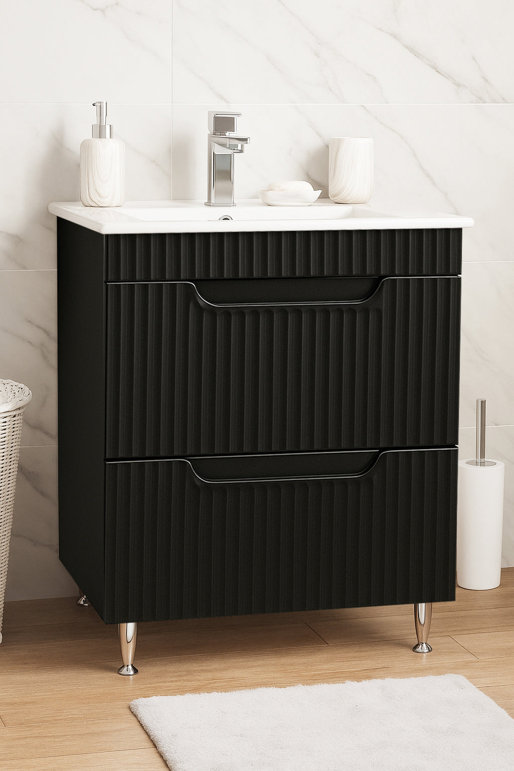 Mobilier Baie MDF și lavoar, Seria 033, Sertare, 60cm, Negru