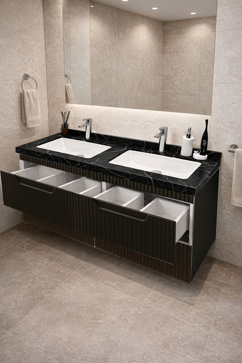 SERIA 033 - MOBILIER BAIE 120CM MDF NEGRU+LAVOAR GRANIT NEGRU/ALB