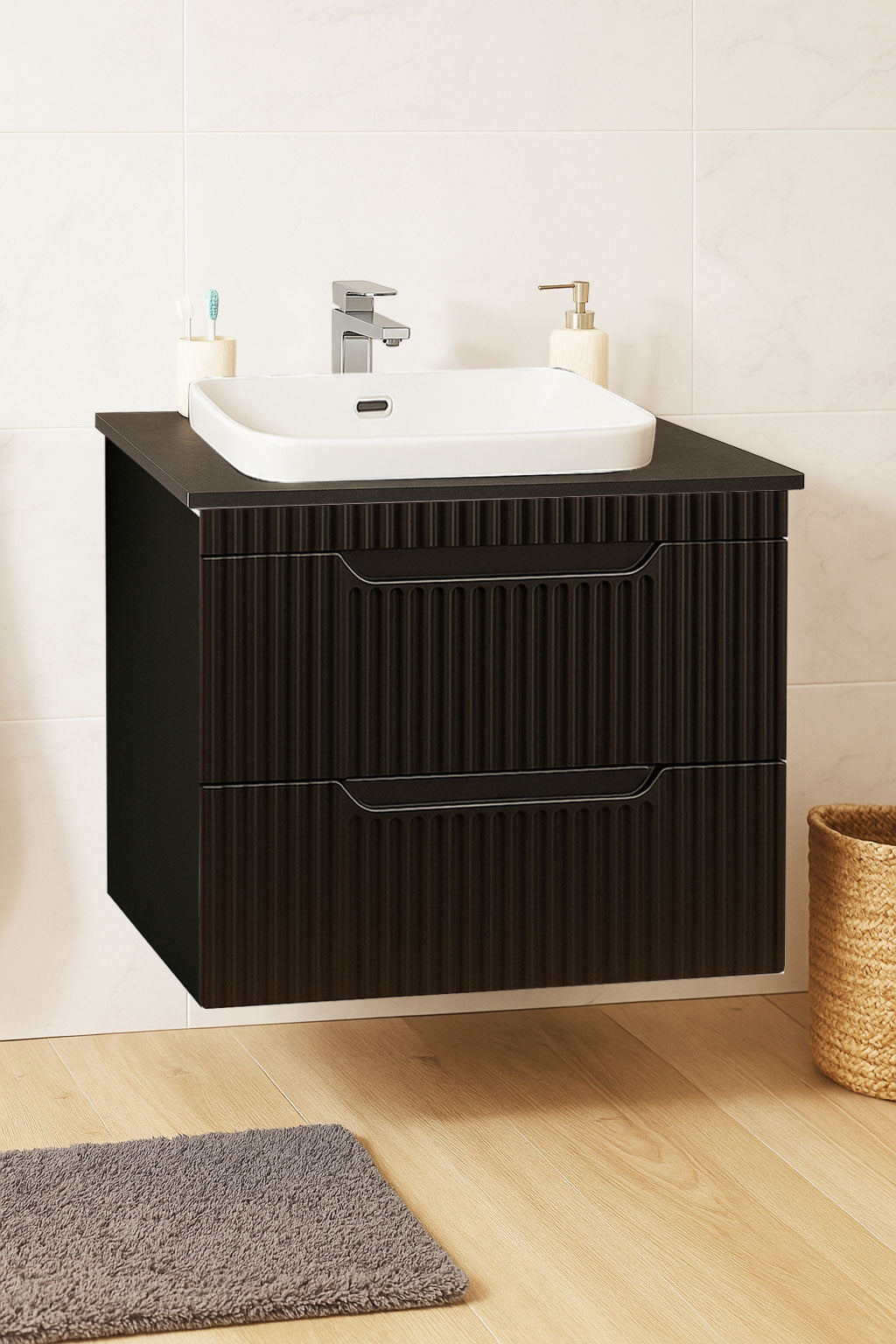 Seria 633 - Mobilier baie MDF cu Blat compozit ceramcia 60cm Negru + Lavoar Granit