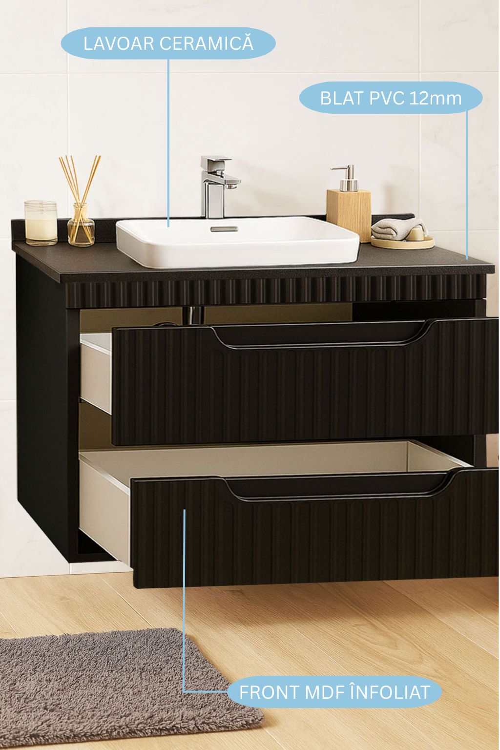 Seria 633 - Mobilier baie MDF cu blat compozit ceramica 80cm negru + Lavoar Granit