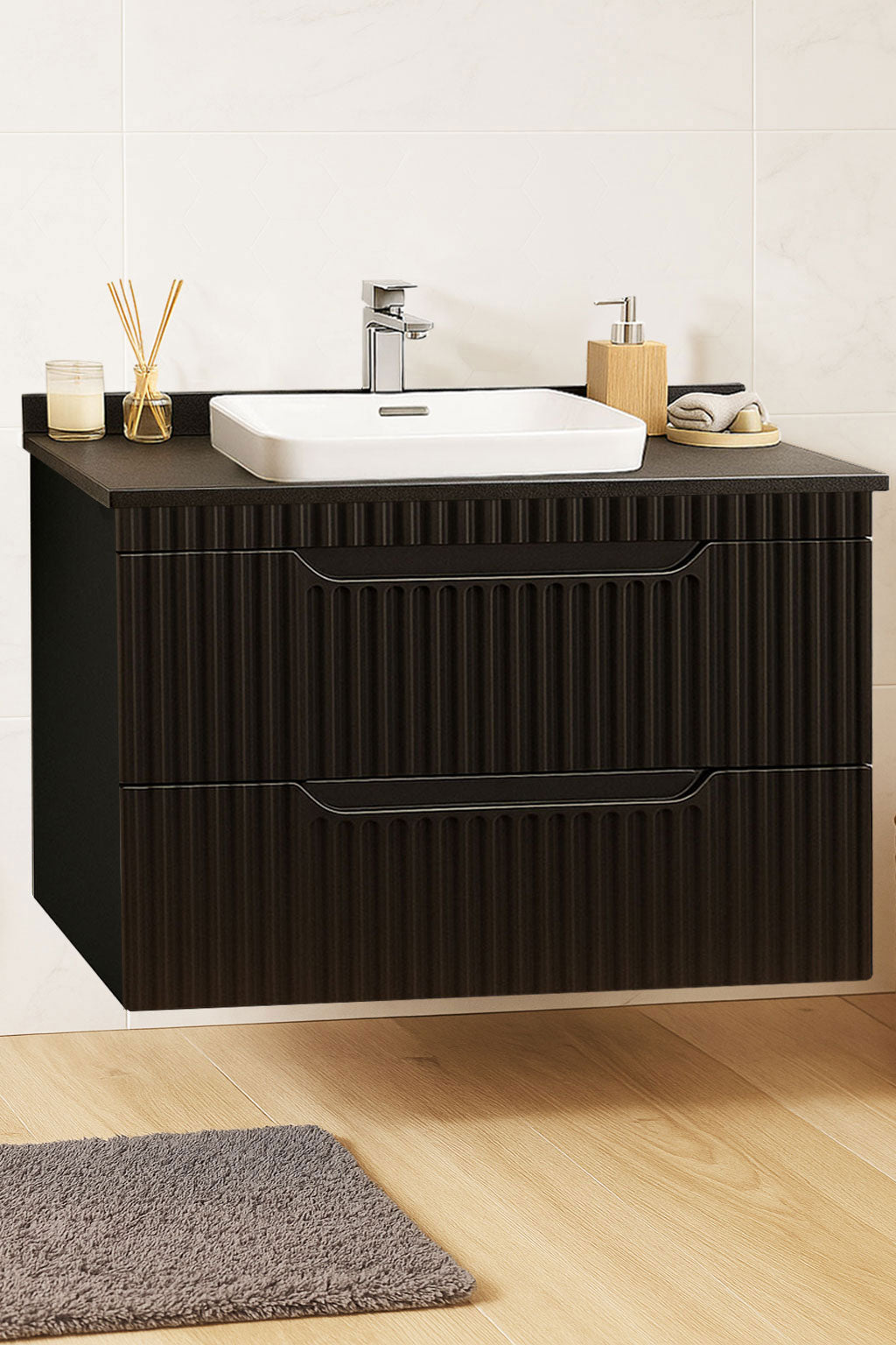 Seria 633 - Mobilier baie MDF cu blat compozit ceramica 80cm negru + Lavoar Granit