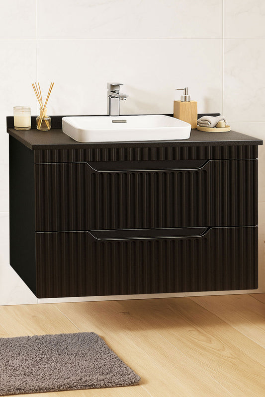 Seria 633 - Mobilier baie MDF cu blat compozit ceramica 80cm negru + Lavoar Granit