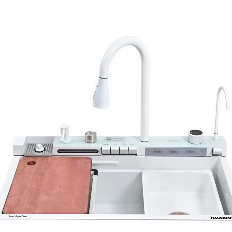 Chiuveta multifunctionala, bucatarie, otel inoxidabil, baterie dubla, accesorii incluse, scurgere cu tocator, Hausberg HBC-9955AB