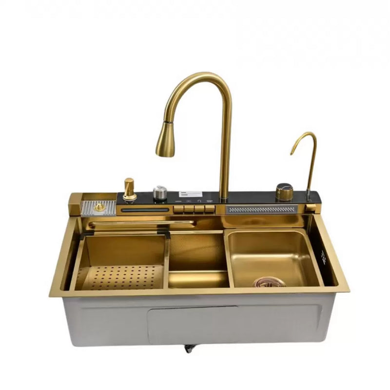 Chiuveta multifunctionala, bucatarie, otel inoxidabil, baterie dubla, accesorii incluse, scurgere cu tocator, Hausberg HBC-9955AU-2