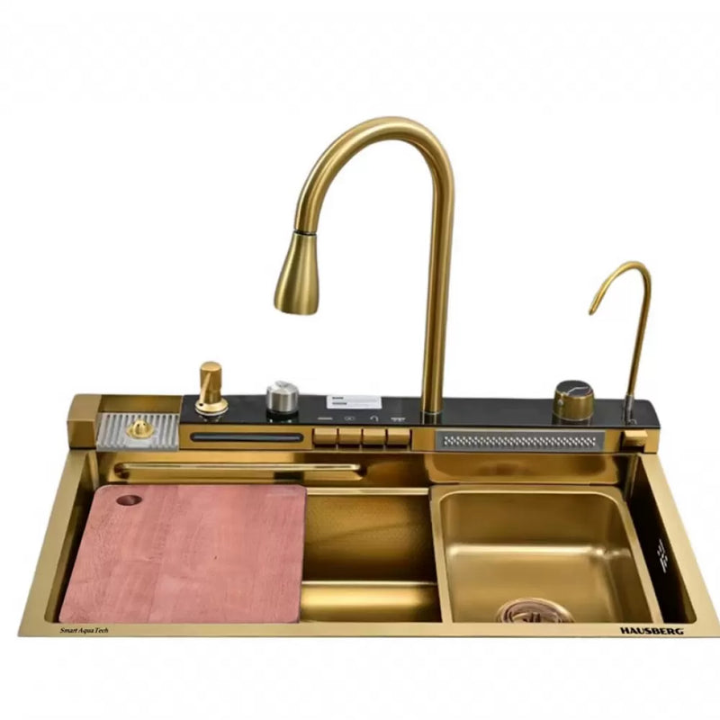 Chiuveta multifunctionala, bucatarie, otel inoxidabil, baterie dubla, accesorii incluse, scurgere cu tocator, Hausberg HBC-9955AU-1