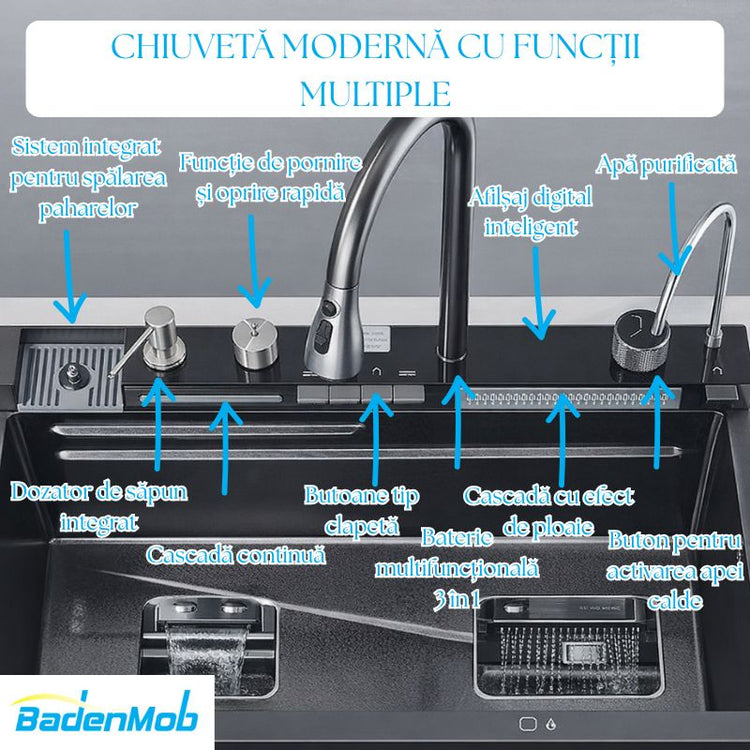 Set chiuveta bucătărie SMART inox 75x45 cm cu baterie inclusă – finisaj lucios/texturat