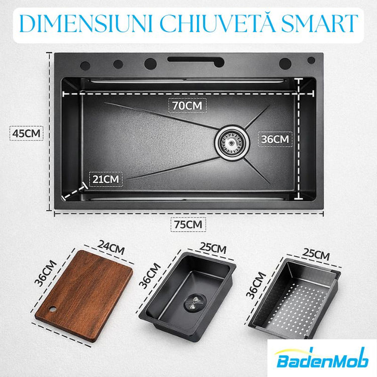 Set chiuveta bucătărie SMART inox 75x45 cm cu baterie inclusă – finisaj lucios/texturat